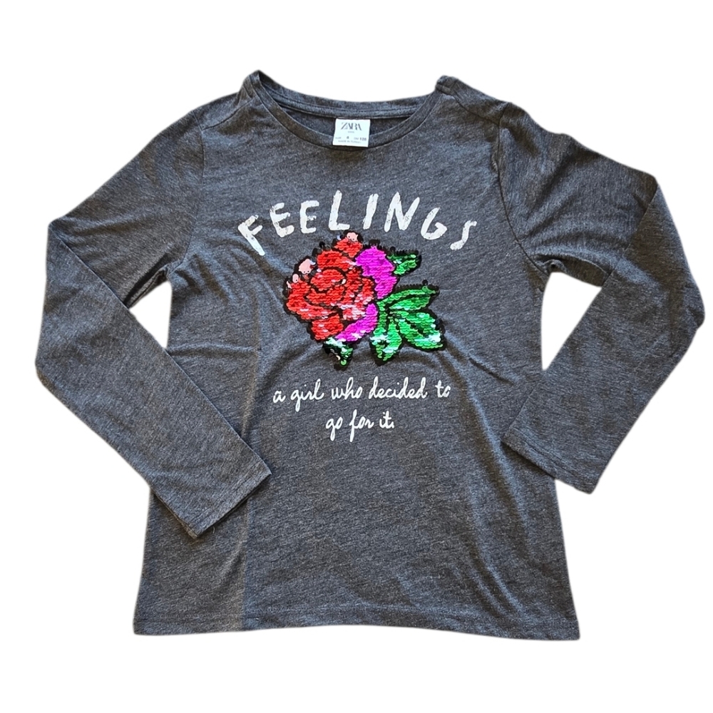 Zara Gray Long Sleeve Girls Shirt with Sequin Floral Design